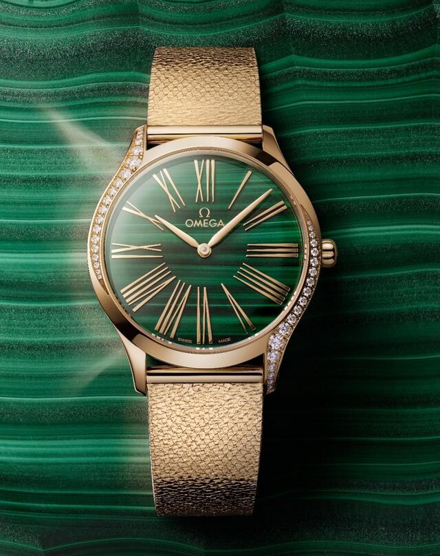 Omega Creates Golden Luxury Swiss Omega Trésor Fake Watches With Malachite Dials