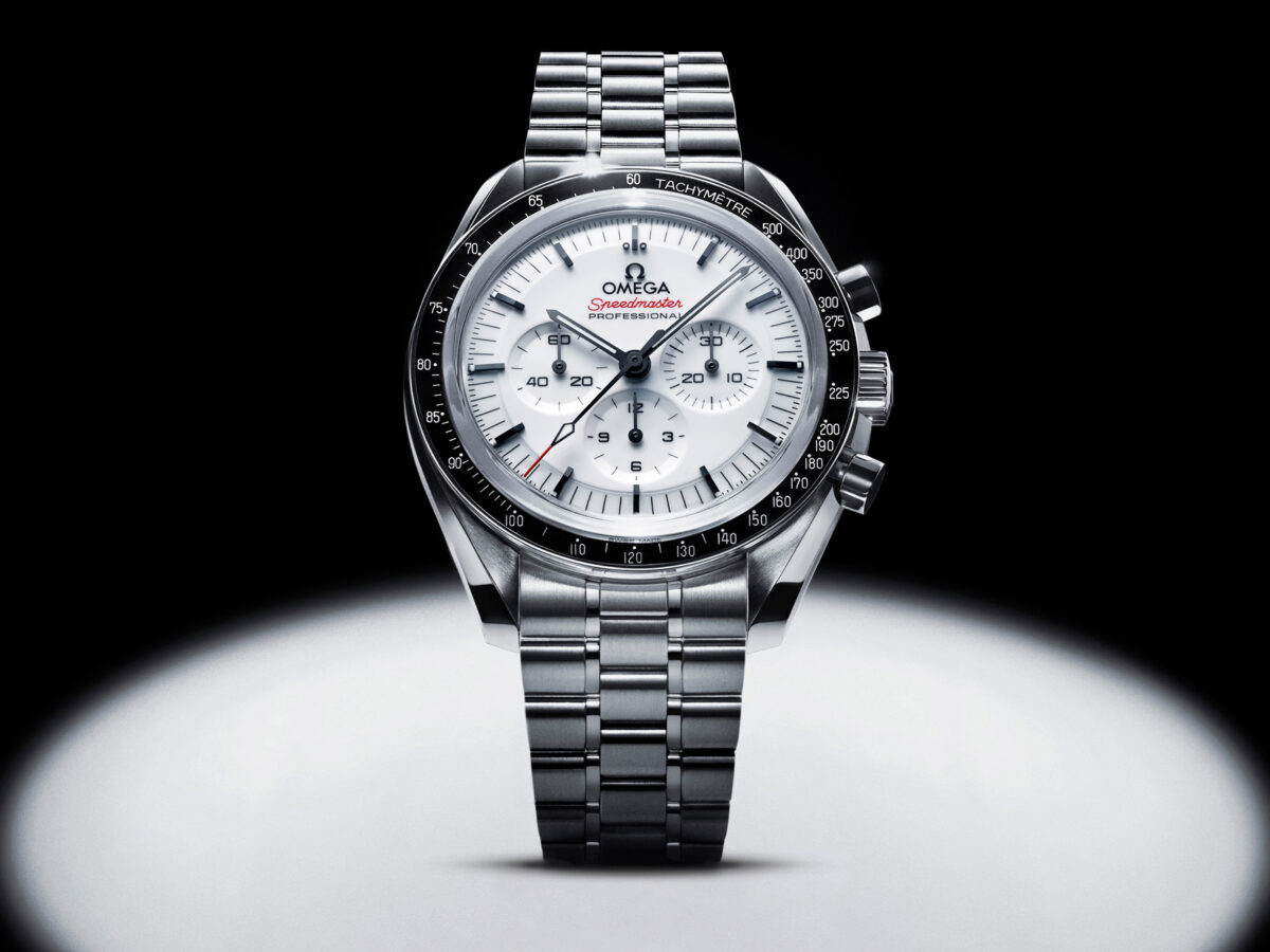 UK Swiss made replica Omega comes clean with glossy white dialled Speedmaster Moonwatch